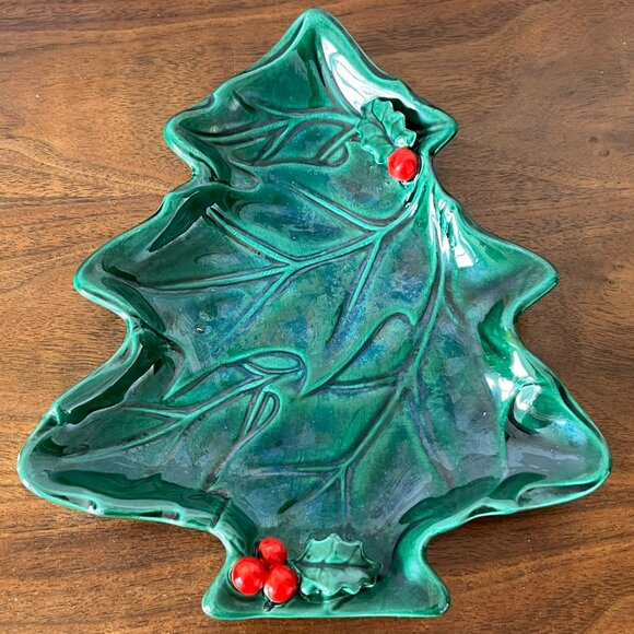 Vintage Lefton Christmas Tree Shaped Plate w/ Holly Berry Candy Nut Dish 2691 - Picture 2 of 8